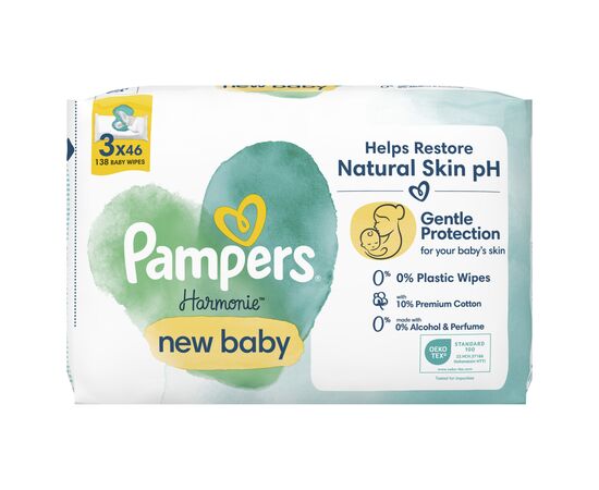 Детские влажные салфетки Pampers Harmonie New baby 3 пачки х 46 шт (8700216201025), изображение 2