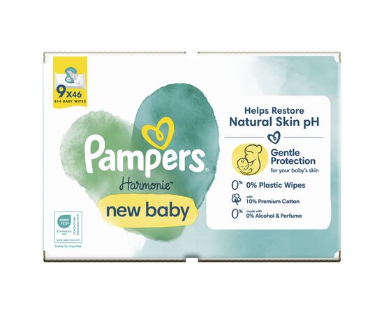 Детские влажные салфетки Pampers Harmonie New baby 9 пачек х 46 шт (8700216026253), изображение 2