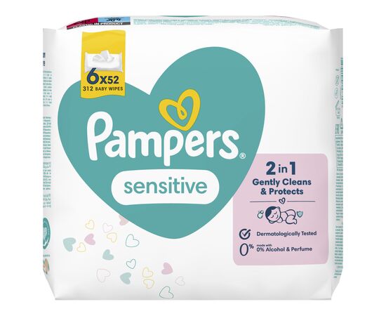 Детские влажные салфетки Pampers Sensitive 6 пачек х 52 шт (8001841041452), изображение 2 Детские влажные салфетки Pampers Sensitive 6 пачек х 52 шт (8001841041452), изображение 2