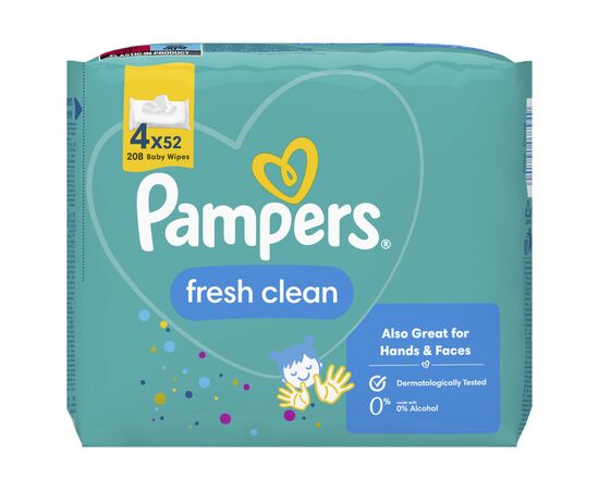 Детские влажные салфетки Pampers Fresh Clean 4х52 шт (8001841077949), изображение 2 Детские влажные салфетки Pampers Fresh Clean 4х52 шт (8001841077949), изображение 2