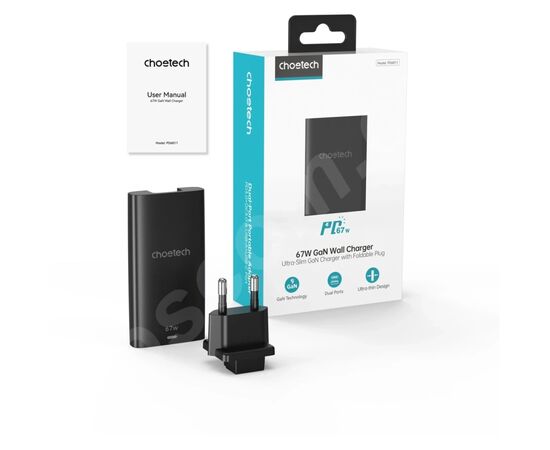 Зарядное устройство Choetech 2xUSB 65W GaN (USB-C+USB-A) Ultra thin (PD6011-EU-BK), изображение 2 Зарядное устройство Choetech 2xUSB 65W GaN (USB-C+USB-A) Ultra thin (PD6011-EU-BK), изображение 2