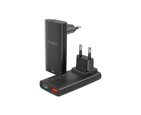 Зарядний пристрій Choetech 2xUSB 65W GaN (USB-C+USB-A) Ultra thin (PD6011-EU-BK)