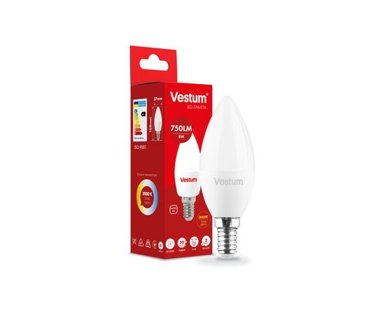 Лампочка Vestum С37 8W 3000K 220V E14 (1-VS-1312), изображение 2 Лампочка Vestum С37 8W 3000K 220V E14 (1-VS-1312), изображение 2
