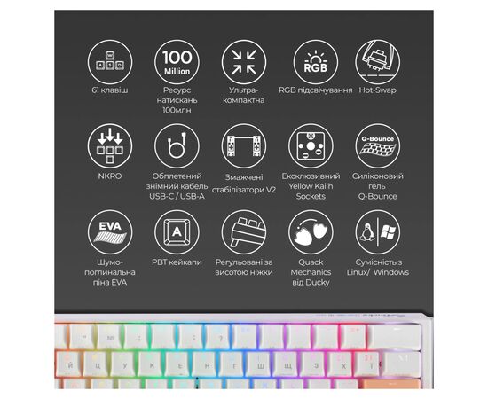 Клавіатура Ducky One 3 Mini Cherry MX Silent Red RGB UA USB White (DKON2161ST-SUAPXPWWWSC1), зображення 4 Клавіатура Ducky One 3 Mini Cherry MX Silent Red RGB UA USB White (DKON2161ST-SUAPXPWWWSC1), зображення 4