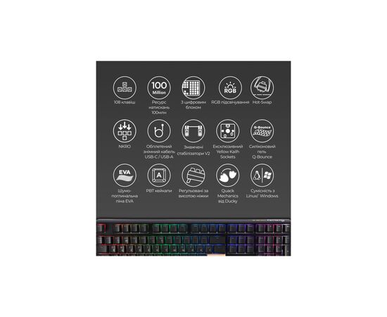 Клавіатура Ducky One 3 TKL Cherry MX Silent Red RGB UA USB Black (DKON2187ST-SUAPXCLAWSC1), зображення 4 Клавіатура Ducky One 3 TKL Cherry MX Silent Red RGB UA USB Black (DKON2187ST-SUAPXCLAWSC1), зображення 4