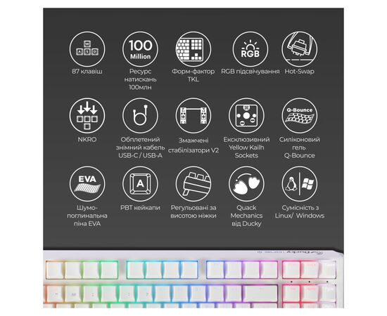 Клавіатура Ducky One 3 TKL Cherry MX Silent Red RGB UA USB White (DKON2187ST-SUAPXPWWWSC1), зображення 4 Клавіатура Ducky One 3 TKL Cherry MX Silent Red RGB UA USB White (DKON2187ST-SUAPXPWWWSC1), зображення 4