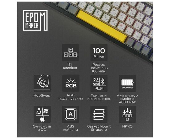 Клавіатура Epomaker TH80 SE 75 Flamingo Switch Hot-Swap RGB Wireless/Bluetooth/USB UA Black (TH80-SE-B-F), зображення 11 Клавіатура Epomaker TH80 SE 75 Flamingo Switch Hot-Swap RGB Wireless/Bluetooth/USB UA Black (TH80-SE-B-F), зображення 11
