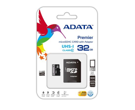 Карта памяти ADATA 32Gb microSDHC Ultra UHS-I +SD адаптер Class 10 (AUSDH32GUICL10-RA1), изображение 2 Карта памяти ADATA 32Gb microSDHC Ultra UHS-I +SD адаптер Class 10 (AUSDH32GUICL10-RA1), изображение 2