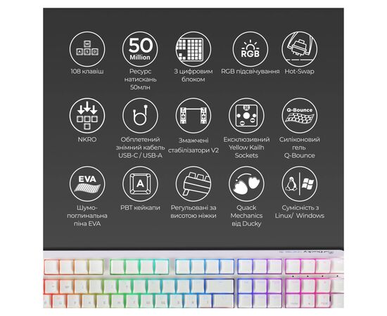 Клавіатура Ducky One 3 Cherry MX Blue RGB UA USB White (DKON2108ST-CUAPXPWWWSC1), зображення 4 Клавіатура Ducky One 3 Cherry MX Blue RGB UA USB White (DKON2108ST-CUAPXPWWWSC1), зображення 4
