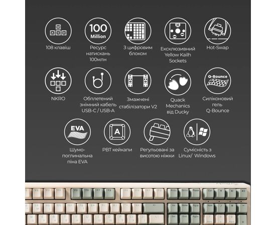 Клавиатура Ducky One 3 Cherry MX Brown UA USB Cream (DKON2108-BUAPXМAEGGC1), изображение 4 Клавиатура Ducky One 3 Cherry MX Brown UA USB Cream (DKON2108-BUAPXМAEGGC1), изображение 4