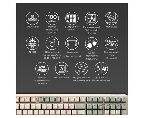 Клавіатура Ducky One 3 Cherry MX Silent Red UA USB Cream (DKON2108-SUAPXМAEGGC1), зображення 3 Клавіатура Ducky One 3 Cherry MX Silent Red UA USB Cream (DKON2108-SUAPXМAEGGC1), зображення 3