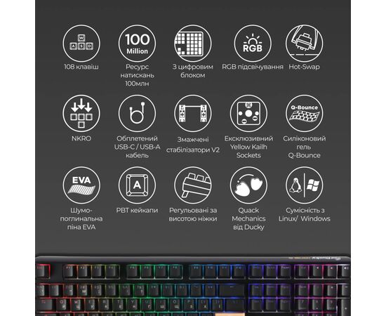 Клавіатура Ducky One 3 Cherry MX Silent Red RGB UA USB Black (DKON2108ST-SUAPXCLAWSC1), зображення 4 Клавіатура Ducky One 3 Cherry MX Silent Red RGB UA USB Black (DKON2108ST-SUAPXCLAWSC1), зображення 4
