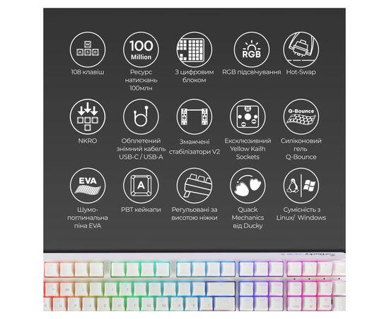 Клавіатура Ducky One 3 Cherry MX Speed Silver RGB UA USB White (DKON2108ST-PUAPXPWWWSC1), зображення 4 Клавіатура Ducky One 3 Cherry MX Speed Silver RGB UA USB White (DKON2108ST-PUAPXPWWWSC1), зображення 4
