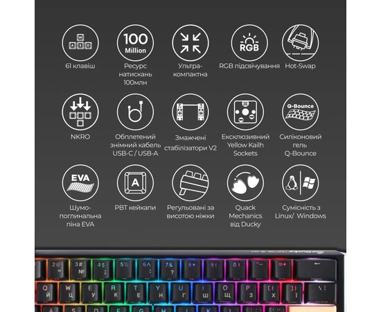 Клавиатура Ducky One 3 Mini Cherry MX Brown RGB UA USB Black (DKON2161ST-BUAPXCLAWSC1), изображение 4 Клавиатура Ducky One 3 Mini Cherry MX Brown RGB UA USB Black (DKON2161ST-BUAPXCLAWSC1), изображение 4