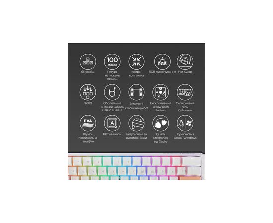 Клавиатура Ducky One 3 Mini Cherry MX Brown RGB UA USB White (DKON2161ST-BUAPXPWWWSC1), изображение 4 Клавиатура Ducky One 3 Mini Cherry MX Brown RGB UA USB White (DKON2161ST-BUAPXPWWWSC1), изображение 4
