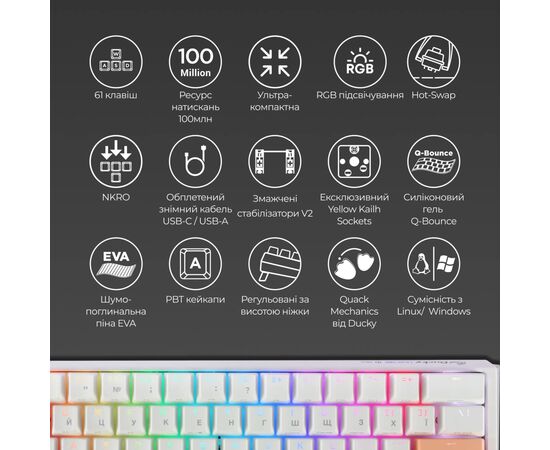 Клавиатура Ducky One 3 Mini Cherry MX Red RGB UA USB White (DKON2161ST-RUAPXPWWWSC1), изображение 4 Клавиатура Ducky One 3 Mini Cherry MX Red RGB UA USB White (DKON2161ST-RUAPXPWWWSC1), изображение 4