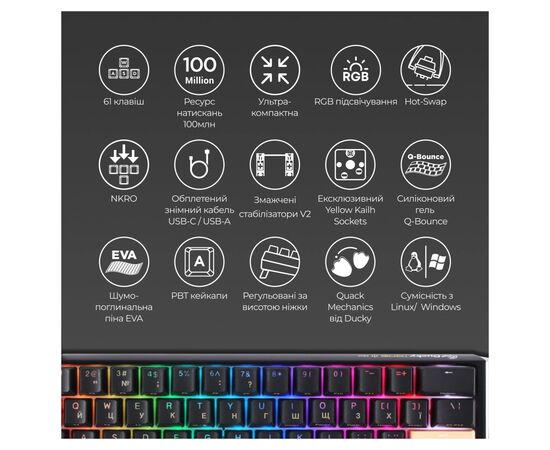 Клавіатура Ducky One 3 Mini Cherry MX Speed Silver RGB UA USB Black (DKON2161ST-PUAPXCLAWSC1), зображення 4 Клавіатура Ducky One 3 Mini Cherry MX Speed Silver RGB UA USB Black (DKON2161ST-PUAPXCLAWSC1), зображення 4