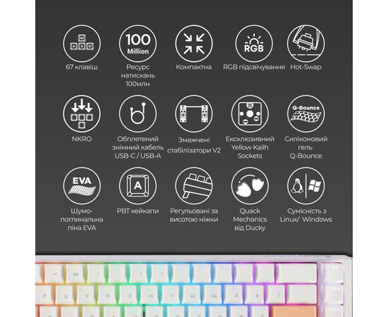 Клавиатура Ducky One 3 SF Cherry MX Red RGB UA USB White (DKON2167ST-RUAPXPWWWSC1), изображение 4 Клавиатура Ducky One 3 SF Cherry MX Red RGB UA USB White (DKON2167ST-RUAPXPWWWSC1), изображение 4