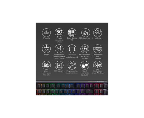 Клавиатура Ducky One 3 TKL Cherry MX Blue RGB UA USB Black (DKON2187ST-CUAPXCLAWSC1), изображение 4 Клавиатура Ducky One 3 TKL Cherry MX Blue RGB UA USB Black (DKON2187ST-CUAPXCLAWSC1), изображение 4