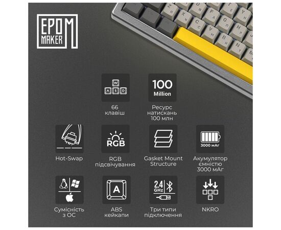 Клавиатура Epomaker EK68 65 Budgerigar V2 Switch Hot-Swap RGB Wireless/Bluetooth/USB UA Black (EK68-B-BV2), изображение 8 Клавиатура Epomaker EK68 65 Budgerigar V2 Switch Hot-Swap RGB Wireless/Bluetooth/USB UA Black (EK68-B-BV2), изображение 8