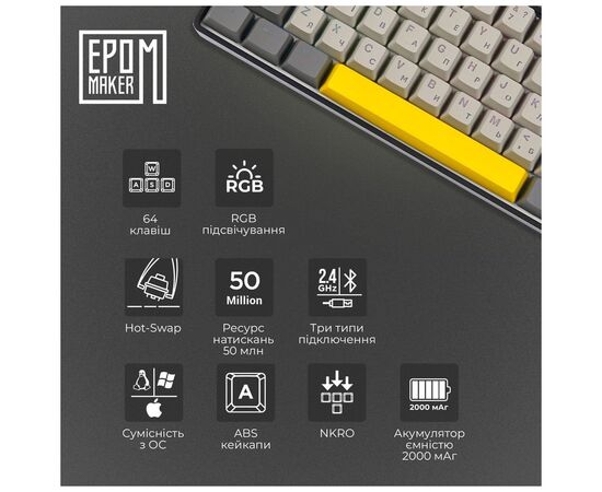 Клавиатура Epomaker EP64 60 Mulan Switch Hot-Swap RGB Wireless/Bluetooth/USB UA Black (EP64-B-M), изображение 10 Клавиатура Epomaker EP64 60 Mulan Switch Hot-Swap RGB Wireless/Bluetooth/USB UA Black (EP64-B-M), изображение 10