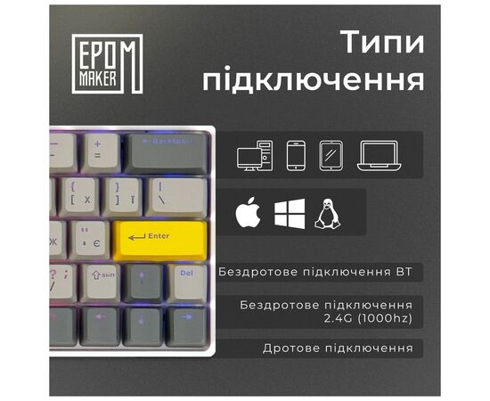 Клавиатура Epomaker EP64 60 Mulan Switch Hot-Swap RGB Wireless/Bluetooth/USB UA White (EP64-W-M), изображение 5 Клавиатура Epomaker EP64 60 Mulan Switch Hot-Swap RGB Wireless/Bluetooth/USB UA White (EP64-W-M), изображение 5