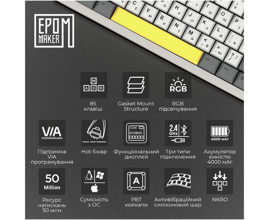 Клавиатура Epomaker Shadow-S TKL Mulan Switch Hot-Swap LCD Screen RGB Wireless/Bluetooth/USB UA White (SHS-W-M), изображение 12 Клавиатура Epomaker Shadow-S TKL Mulan Switch Hot-Swap LCD Screen RGB Wireless/Bluetooth/USB UA White (SHS-W-M), изображение 12