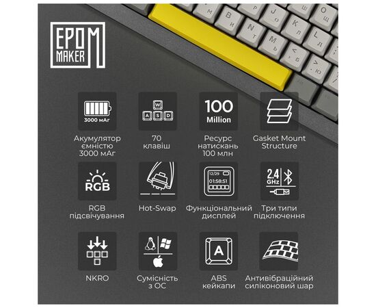 Клавіатура Epomaker Shadow-X 70 Flamingo Switch Hot-Swap LCD Screen RGB Wireless/Bluetooth/USB UA Black (SHX-B-F), зображення 9 Клавіатура Epomaker Shadow-X 70 Flamingo Switch Hot-Swap LCD Screen RGB Wireless/Bluetooth/USB UA Black (SHX-B-F), зображення 9
