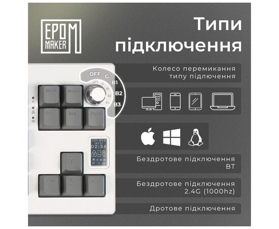 Клавіатура Epomaker Shadow-X 70 Mulan Switch Hot-Swap LCD Screen RGB Wireless/Bluetooth/USB UA White (SHX-W-M), зображення 6 Клавіатура Epomaker Shadow-X 70 Mulan Switch Hot-Swap LCD Screen RGB Wireless/Bluetooth/USB UA White (SHX-W-M), зображення 6