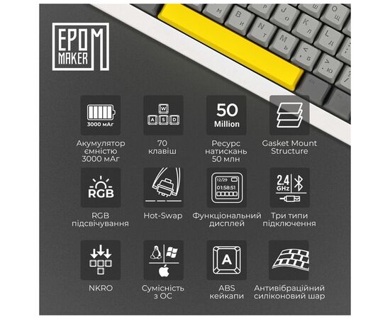 Клавиатура Epomaker Shadow-X 70 Wisteria Linear Switch Hot-Swap LCD Screen RGB Wireless/Bluetooth/USB UA White (SHX-W-WL), изображение 8 Клавиатура Epomaker Shadow-X 70 Wisteria Linear Switch Hot-Swap LCD Screen RGB Wireless/Bluetooth/USB UA White (SHX-W-WL), изображение 8