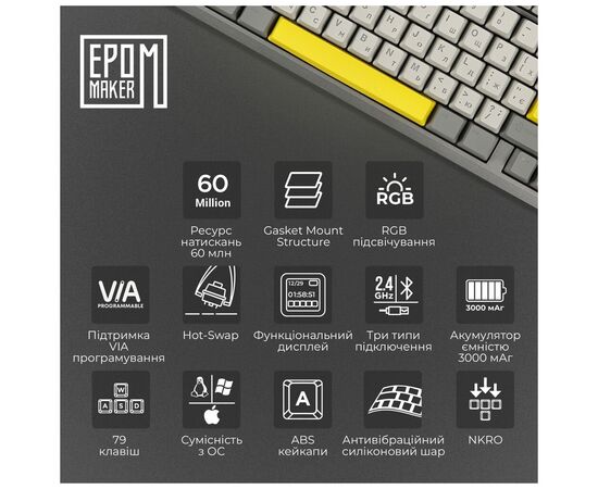 Клавіатура Epomaker TH80 Pro V2 75 Sea Salt Silent Switch Hot-Swap LCD Screen RGB Wireless/Bluetooth/USB UA Black (TH80-PROV2-B-SS), зображення 12 Клавіатура Epomaker TH80 Pro V2 75 Sea Salt Silent Switch Hot-Swap LCD Screen RGB Wireless/Bluetooth/USB UA Black (TH80-PROV2-B-SS), зображення 12