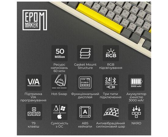 Клавіатура Epomaker TH80 Pro V2 75 Wisteria Tactile Switch Hot-Swap LCD Screen RGB Wireless/Bluetooth/USB UA White (TH80-PROV2-W-WT), зображення 8 Клавіатура Epomaker TH80 Pro V2 75 Wisteria Tactile Switch Hot-Swap LCD Screen RGB Wireless/Bluetooth/USB UA White (TH80-PROV2-W-WT), зображення 8