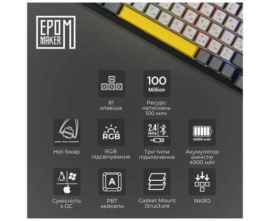 Клавіатура Epomaker TH80 SE 75 Budgerigar V2 Switch Hot-Swap RGB Wireless/Bluetooth/USB UA Black (TH80-SE-B-BV2), зображення 8 Клавіатура Epomaker TH80 SE 75 Budgerigar V2 Switch Hot-Swap RGB Wireless/Bluetooth/USB UA Black (TH80-SE-B-BV2), зображення 8