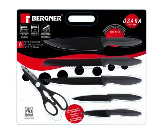 Набор ножей Bergner Osaka, з ножицями, 6 предметів (BG-9075-BK), изображение 8 Набор ножей Bergner Osaka, з ножицями, 6 предметів (BG-9075-BK), изображение 8