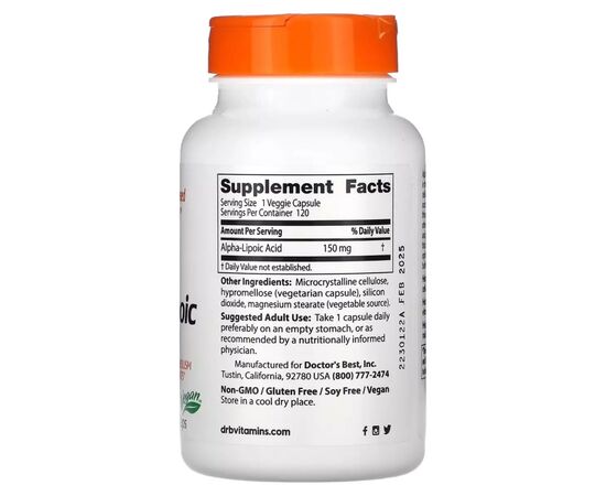 Антиоксидант Doctor's Best Альфа-Ліпоєва кислота, 150 мг, Alpha-Lipoic Acid, 120 вегетаріанс (DRB-00104), зображення 2 Антиоксидант Doctor's Best Альфа-Ліпоєва кислота, 150 мг, Alpha-Lipoic Acid, 120 вегетаріанс (DRB-00104), зображення 2