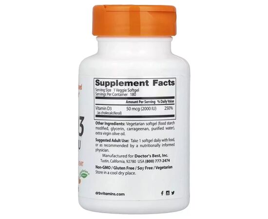 Вітамін Doctor's Best Вітамін D3, 2000 МО, Vitamin D3, 180 вегетаріанських капсул (DRB-00535), зображення 2 Вітамін Doctor's Best Вітамін D3, 2000 МО, Vitamin D3, 180 вегетаріанських капсул (DRB-00535), зображення 2