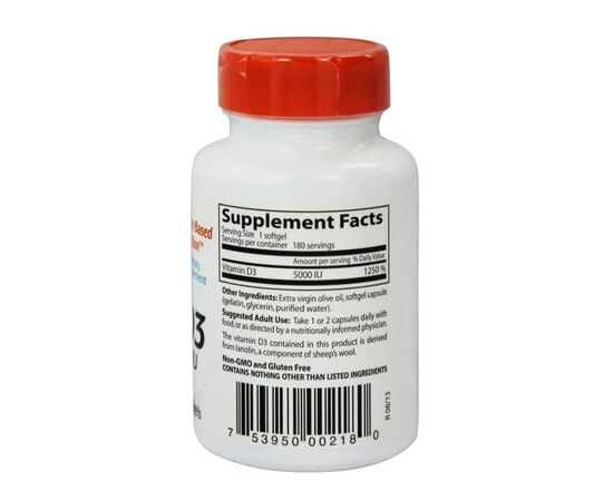 Вітамін Doctor's Best Вітамін D3, 5000 МО, Vitamin D3, 180 вегетаріанських капсул (DRB00536), зображення 2 Вітамін Doctor's Best Вітамін D3, 5000 МО, Vitamin D3, 180 вегетаріанських капсул (DRB00536), зображення 2