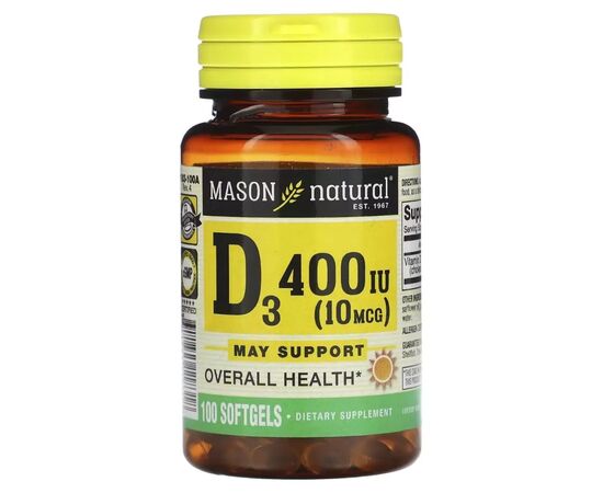 Витамин Mason Natural Витамин D3, 10 мкг (400 МЕ), Vitamin D3, 100 гелевых капсул (MAV-11831)