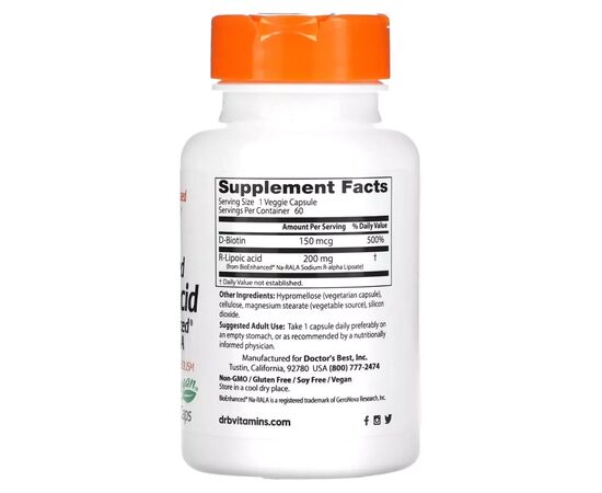 Вітамінно-мінеральний комплекс Doctor's Best R-ліпоєва кислота, 200 мг, Stabilized R-Lipoic Acid with BioEnhanced Na-RALA, 60 (DRB-00278), зображення 2 Вітамінно-мінеральний комплекс Doctor's Best R-ліпоєва кислота, 200 мг, Stabilized R-Lipoic Acid with BioEnhanced Na-RALA, 60 (DRB-00278), зображення 2