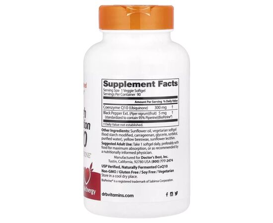 Вітамінно-мінеральний комплекс Doctor's Best Коензим Q10 високої абсорбації з Біоперіном, 300 мг, High Absor (DRB-00527), зображення 2