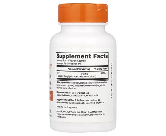 Вітамінно-мінеральний комплекс Doctor's Best Цинк бісгліцинат, 50 мг, Zinc Bisglycinate, 90 вегетаріанських кап (DRB-00573), зображення 2 Вітамінно-мінеральний комплекс Doctor's Best Цинк бісгліцинат, 50 мг, Zinc Bisglycinate, 90 вегетаріанських кап (DRB-00573), зображення 2
