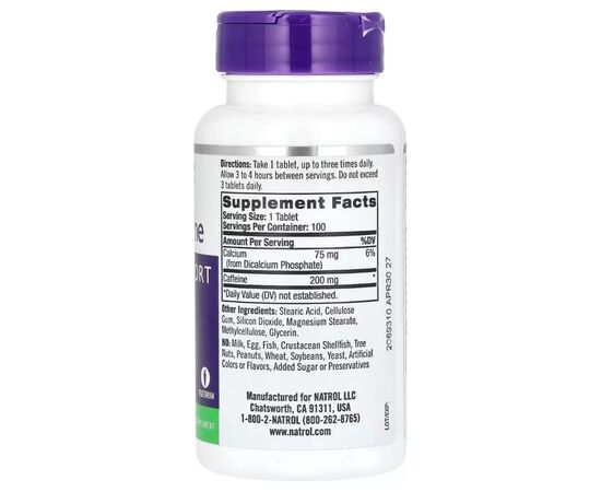 Витаминно-минеральный комплекс Natrol Кофеин высокоэффективный, 200 мг, High Caffeine, 100 таблеток (NTL-04794), изображение 2