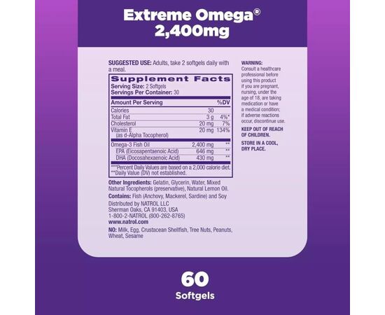 Витаминно-минеральный комплекс Natrol Омега-3, 2400 мг, вкус лимона, Extreme Omega, 60 капсул (NTL-04510), изображение 2 Витаминно-минеральный комплекс Natrol Омега-3, 2400 мг, вкус лимона, Extreme Omega, 60 капсул (NTL-04510), изображение 2