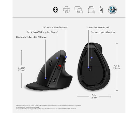 Мишка HP 920 Ergonomic Vertical Wireless/Bluetooth Black (6H1A4AA), зображення 2 Мишка HP 920 Ergonomic Vertical Wireless/Bluetooth Black (6H1A4AA), зображення 2