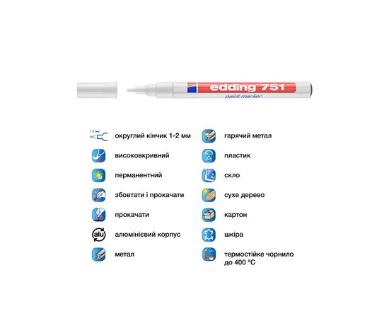 Маркер Edding Paint 1-2 мм круглый белый (e-751/49), изображение 4 Маркер Edding Paint 1-2 мм круглый белый (e-751/49), изображение 4