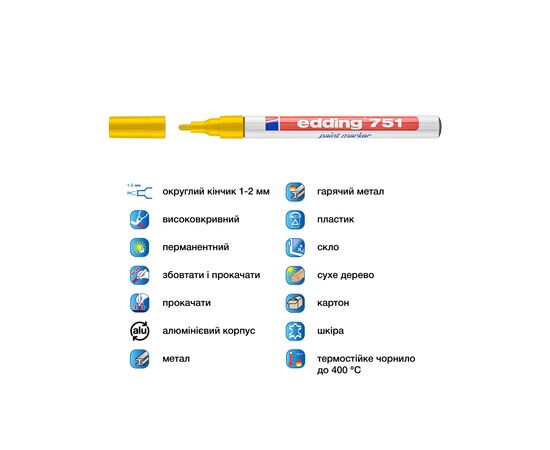 Маркер Edding Paint 1-2 мм круглый желтый (e-751/05), изображение 4 Маркер Edding Paint 1-2 мм круглый желтый (e-751/05), изображение 4