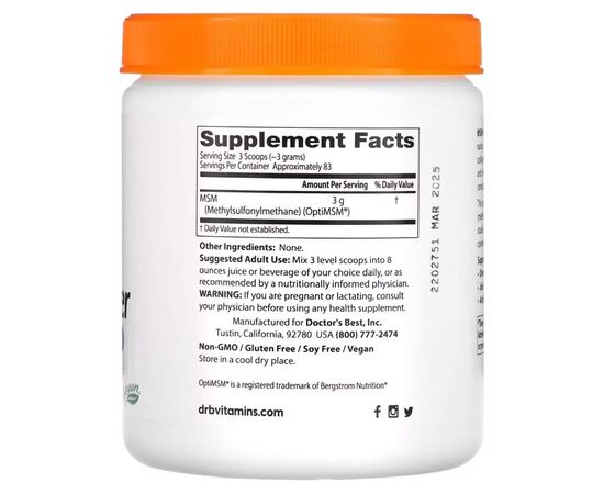 Витаминно-минеральный комплекс Doctor's Best МСМ в порошке, Метилсульфонилметан, MSM Powder with OptiMSM, 250 гр (DRB-00076), изображение 2 Витаминно-минеральный комплекс Doctor's Best МСМ в порошке, Метилсульфонилметан, MSM Powder with OptiMSM, 250 гр (DRB-00076), изображение 2