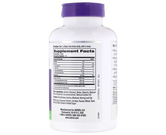 Витаминно-минеральный комплекс Natrol Омега-3 Рыбий Жир, 1000 мг, Omega-3 Fish Oil, 60 желатиновых капсул (NTL00929), изображение 2 Витаминно-минеральный комплекс Natrol Омега-3 Рыбий Жир, 1000 мг, Omega-3 Fish Oil, 60 желатиновых капсул (NTL00929), изображение 2