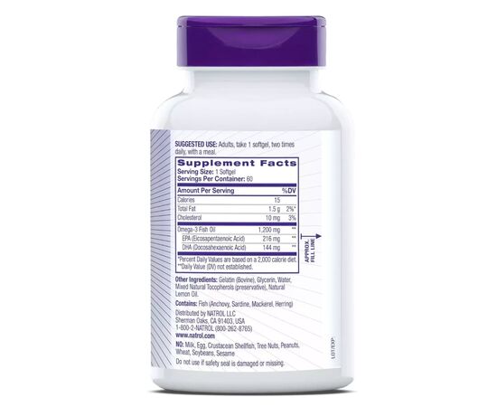 Вітамінно-мінеральний комплекс Natrol Омега-3 Риб'ячий Жир, 1200 мг, Omega-3 Fish Oil, 60 желатинових капсул (NTL04409), зображення 2 Вітамінно-мінеральний комплекс Natrol Омега-3 Риб'ячий Жир, 1200 мг, Omega-3 Fish Oil, 60 желатинових капсул (NTL04409), зображення 2