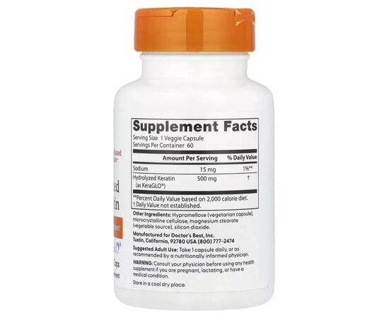 Вітамінно-мінеральний комплекс Doctor's Best Гідролізований кератин, 500 мг, Hydrolyzed Keratin, 60 вегетаріа (DRB-00545), зображення 2 Вітамінно-мінеральний комплекс Doctor's Best Гідролізований кератин, 500 мг, Hydrolyzed Keratin, 60 вегетаріа (DRB-00545), зображення 2